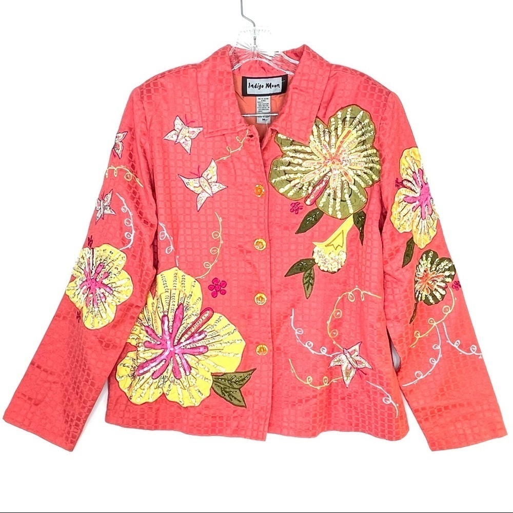 Indigo Moon Cotton Jacket Floral Embroidery Beaded - Picture 2 of 8